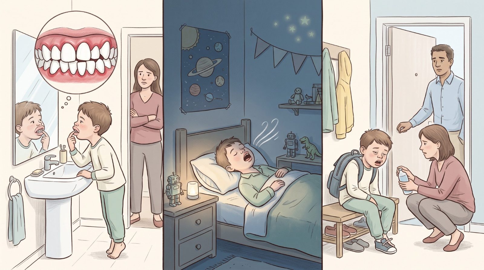 三格畫面：男孩在鏡前看擠在一起的上排門牙、夜裡張著嘴睡、隔天早上在玄關垂著頭沒什麼精神