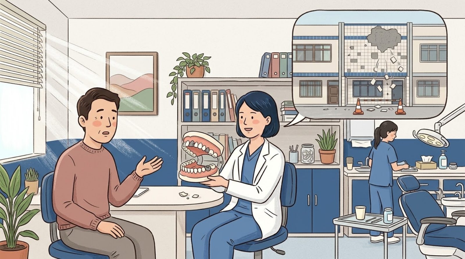 診間裡女醫師捧著一副打開的上下顎牙齒模型向病患解說，模型上有幾顆牙的外層瓷剝落、露出深灰色的金屬；她的對話泡泡裡是一棟貼磁磚的公寓，整面牆的磁磚東一塊西一塊掉下來