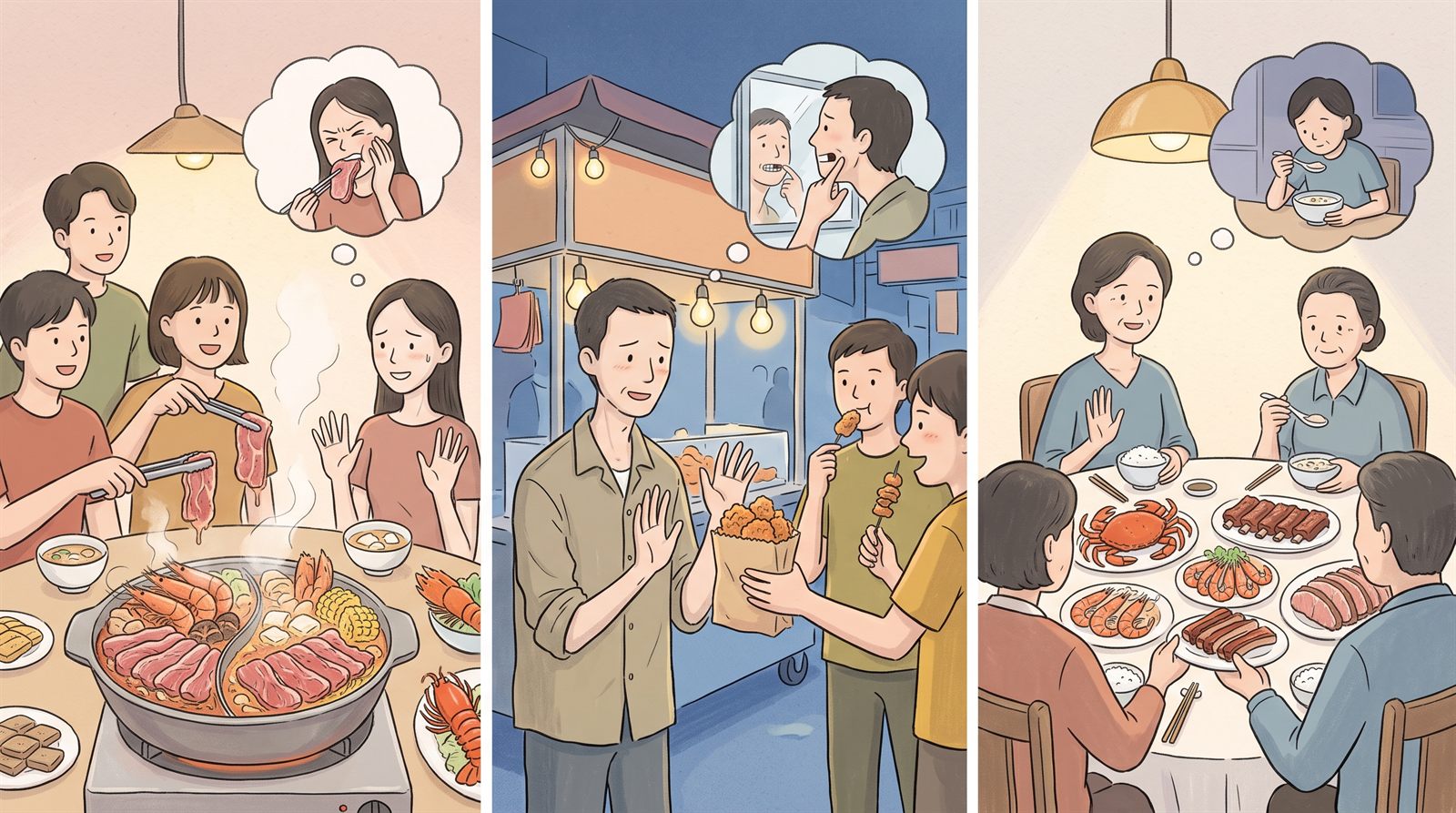 三格畫面：火鍋、夜市與家族聚餐上被熱情勸食卻舉手推辭的三個人，思考泡泡裡分別是咬不動、後排少一顆牙、只能喝粥