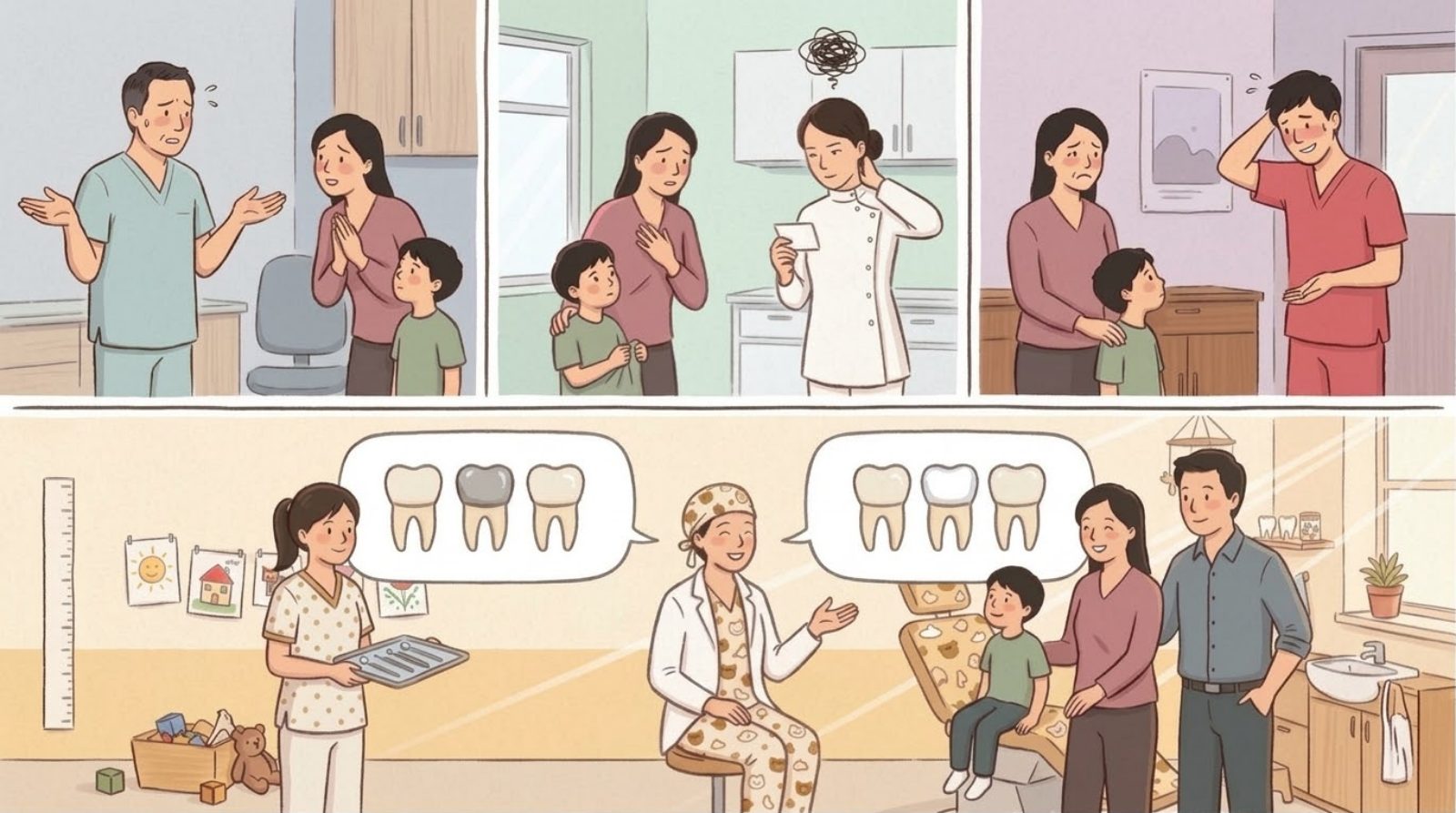 四格插畫。上排三格：同一位媽媽帶著兒子看了三位不同的牙醫師，三位都露出為難又抱歉的樣子——第一位攤著手、額頭冒汗，第二位低頭看著小卡片、頭上浮著一團打結的線，第三位搔著後腦不好意思地朝門口比；媽媽從雙手合十拜託、按著胸口焦急，到最後一格眉頭深鎖。下面一整條寬格是兒童牙科的診間：戴著印花手術帽、白袍敞開的兒牙醫師坐在小圓椅上微笑解說，左邊是穿圓點刷手服、端著托盤的助理，右邊是坐在治療椅上的男孩與在旁邊微笑的爸媽；醫師左右各一個對話框，每個裡面都有三顆牙，左邊中間那顆包著銀色的牙套、右邊中間那顆包著白色的牙套